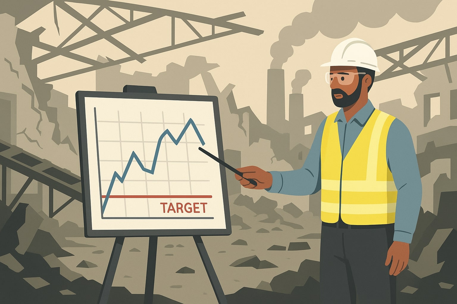 Industrial engineer pointing at a KPI chart on a tripod while a factory crumbles in the background